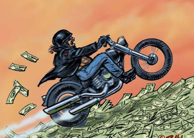 "Biker Bucks," editorial illustration by artist Lyman Dally